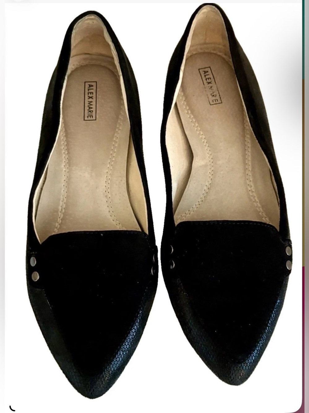 Alex Marie Ryann Women’s Black Suede Pointed toe Studded Flats Size 7